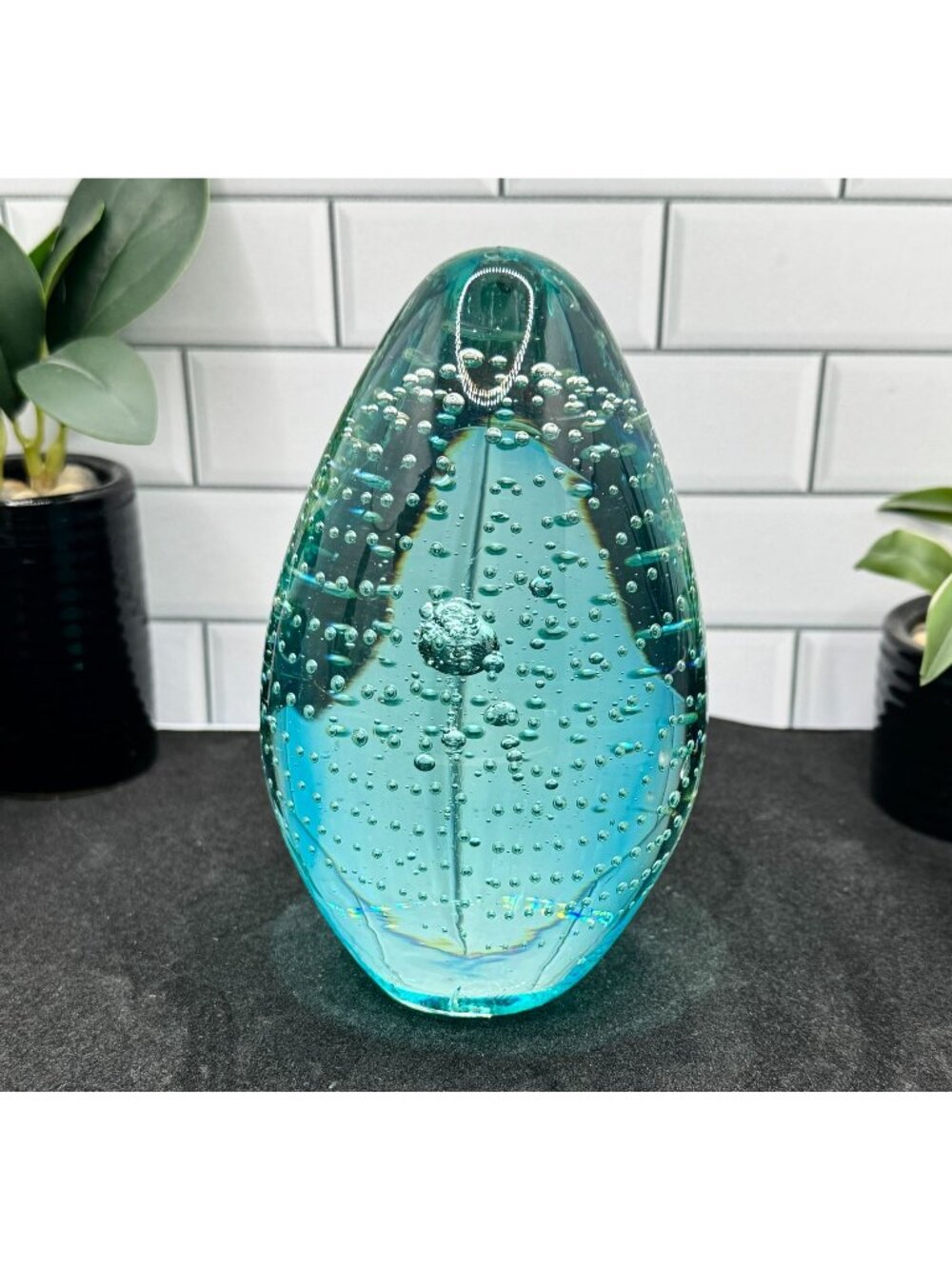 Hand-Blown Teardrop Aqua Glass Paperweight With Controlled Bubble Design